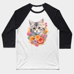 Flowery Cat Cute Gifts For Cats & Flower Lover Baseball T-Shirt